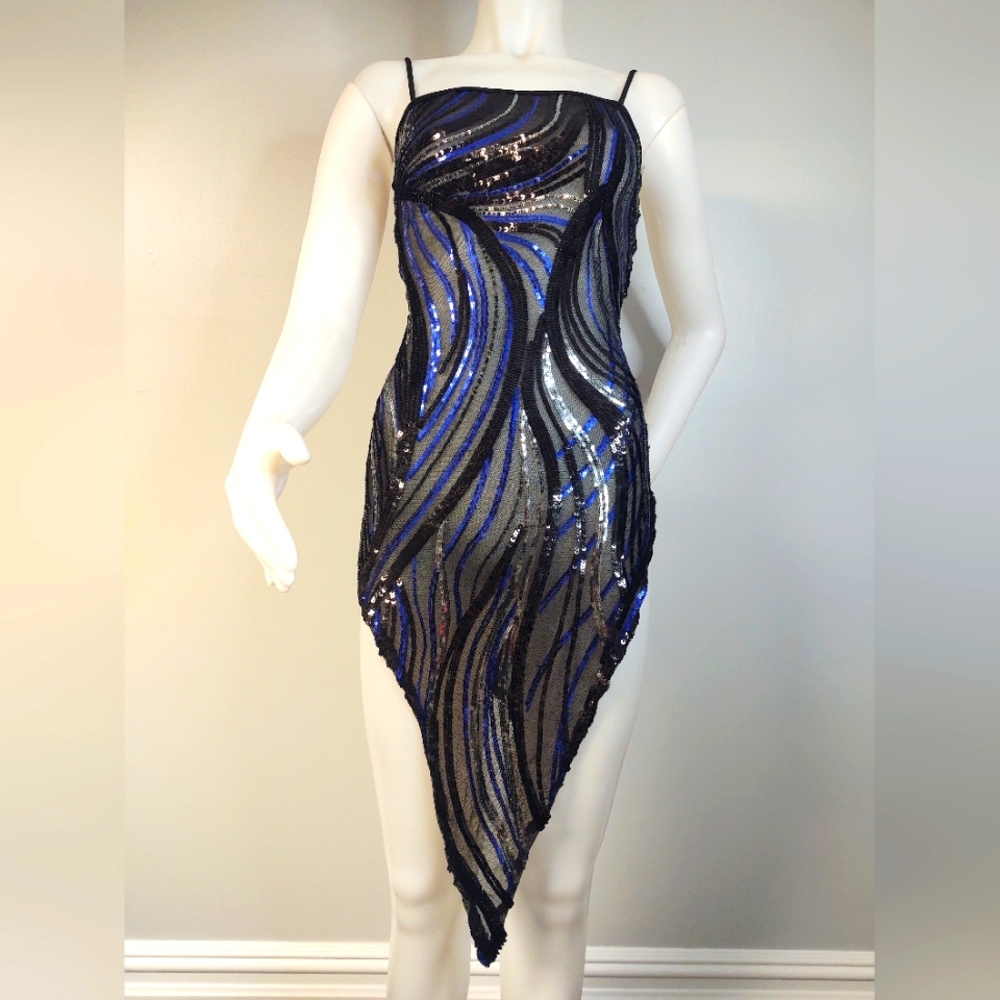 Women's Spaghetti Strap Black, Royal Blue and Silver Sequined Sheer Dress